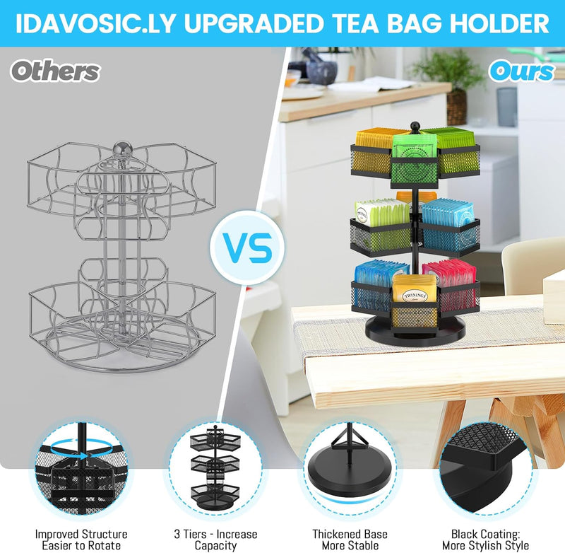 iDavosic.ly 3 Tier Tea Bag Organizer, Tea Bag Storage Holder Spinning Carousel with 9 Compartments, Metal Rotating Tea Bag Caddy for Kitchen Counter Cabinet, Up to 108 Tea Bags Storage