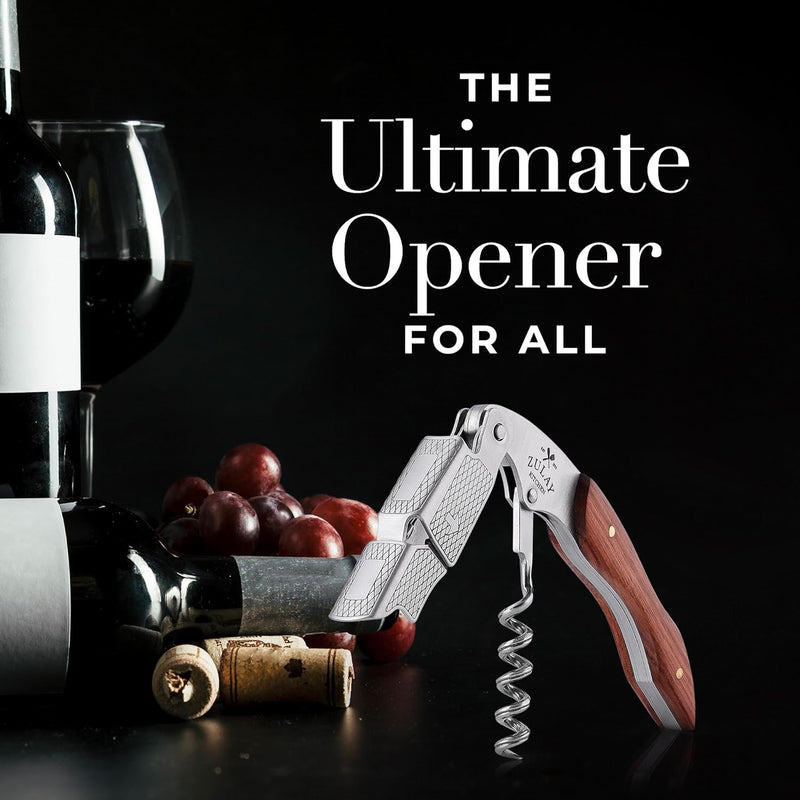 Zulay Wine Opener - Professional Corkscrew Wine Opener with Foil Cutter & Cap Remover - Double Hinged Wine Bottle Opener - Manual Wine Key for Servers, Waiters, Bartenders & Home Use - Rosewood