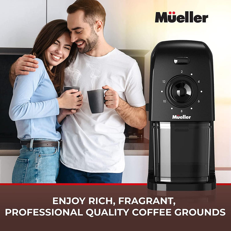 Mueller SuperGrind Burr Coffee Grinder Electric with Removable Burr Grinder Part - 12 Cups of Coffee, 17 Grind Settings with 5,8oz/164g Coffee Bean Hopper Capacity, Matte Black