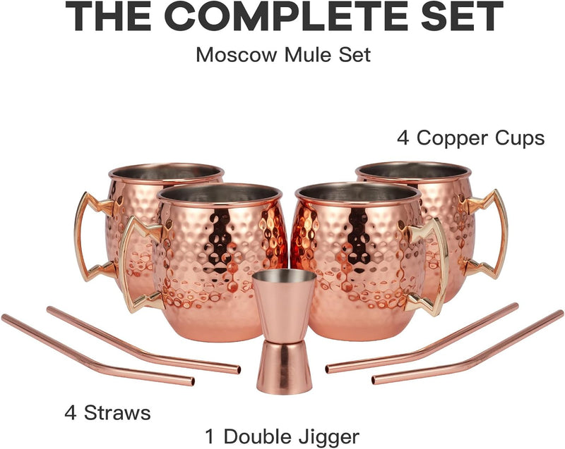 Moscow Mule Mugs Set of 9 - 20oz Hammered Moscow Mule Mugs Drinking Cup 304 Stainless Steel with 4 Straws-1 Jigger-Great Dining Entertaining bar Gift Set Mug Set of 4 (double jigger included)