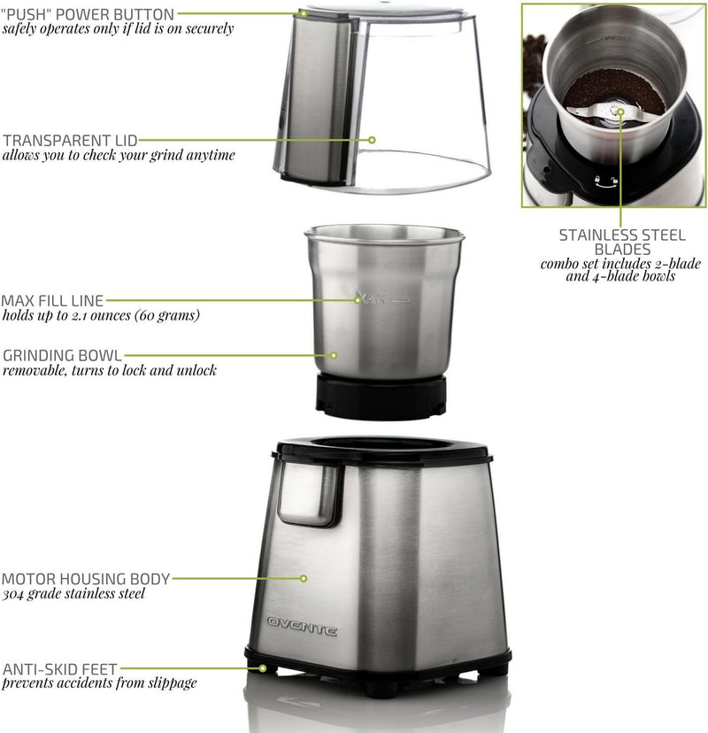 OVENTE Electric Coffee Grinder 2.1 Ounce Cup with 2 Removable Stainless Steel Grinding Bowls, 200 Watt Powered Motor Perfect for Beans, Spices, Nuts, Silver CG620S + ACPCG6000