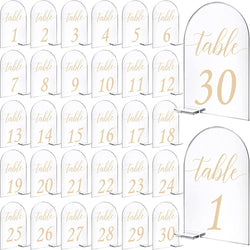 30 Sets Arch Acrylic Sign Gold Printed 1-30 Table Signs with Stands Calligraphy Clear Table Number Display Stand for Wedding Reception Event Party Restaurant Centerpieces Decor (4 X 6 Inch)