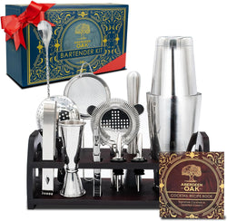 Aberdeen Oak Mixology Bartender Kit - Extra Thick Stainless Steel Cocktail Shaker Set for Mixing - Includes XL Boston Shaker & Premium Bamboo Stand - Professional Bar Tools for The Home Mixologist