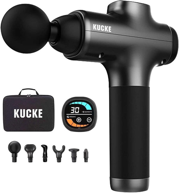 KUCKE Deep Tissue Muscle Massage Gun – Percussion Massage Gun Body Massager with 6 Replaceable Heads and Digital Display – Massager Gun for Athletes, Home Use – 30 Speeds and Rechargeable Battery
