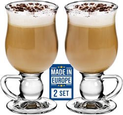 Crystalia Glass Coffee Mugs, Clear Footed Irish Coffee Cup Set, Tall Large Hot Toddy Glass for Hot Beverages, Iced Coffee, Latte, Hot Chocolate, Set of 2, 9 oz