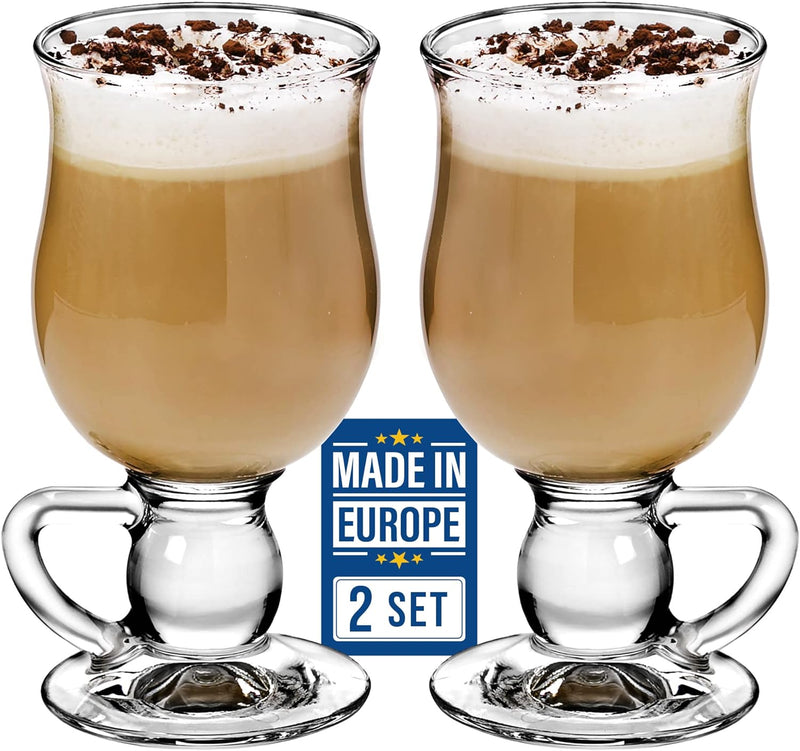 Crystalia Glass Coffee Mugs, Clear Footed Irish Coffee Cup Set, Tall Large Hot Toddy Glass for Hot Beverages, Iced Coffee, Latte, Hot Chocolate, Set of 2, 9 oz