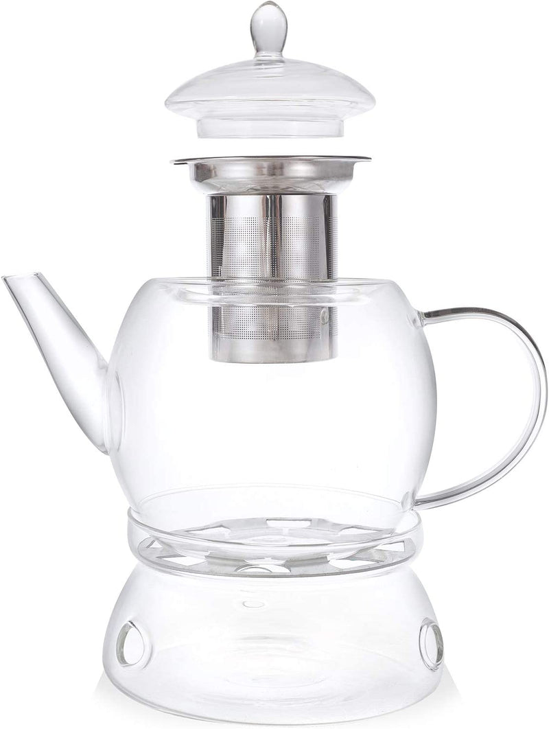 Teabloom Prague Glass Tea Maker & Warmer Set – Large Capacity (45 oz) – Heatproof Borosilicate Glass Teapot with Removable Stainless Steel Loose Tea Infuser – Stovetop Safe Kettle