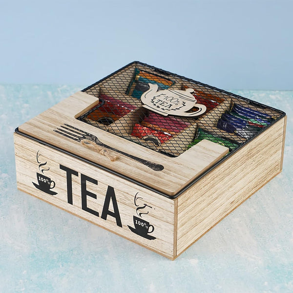 CBEYNCHOS Wooden Tea Box Storage,Tea Bag Organizer Holder for Home Restaurant Cafe Bar Party with Transparent Lid,Tea Chest,Rustic Wood,9 Compartments (Wood Color A)