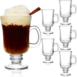 Dicunoy 6 Pack Irish Coffee Mugs, 8 oz Glass Clear Coffee Cups Stemmed, Pedestal Crystal Coffee Cup with Handle for Cappuccino, Latte, Ice Cream, Cocoa, Rum, Smoothies, Christmas Gift