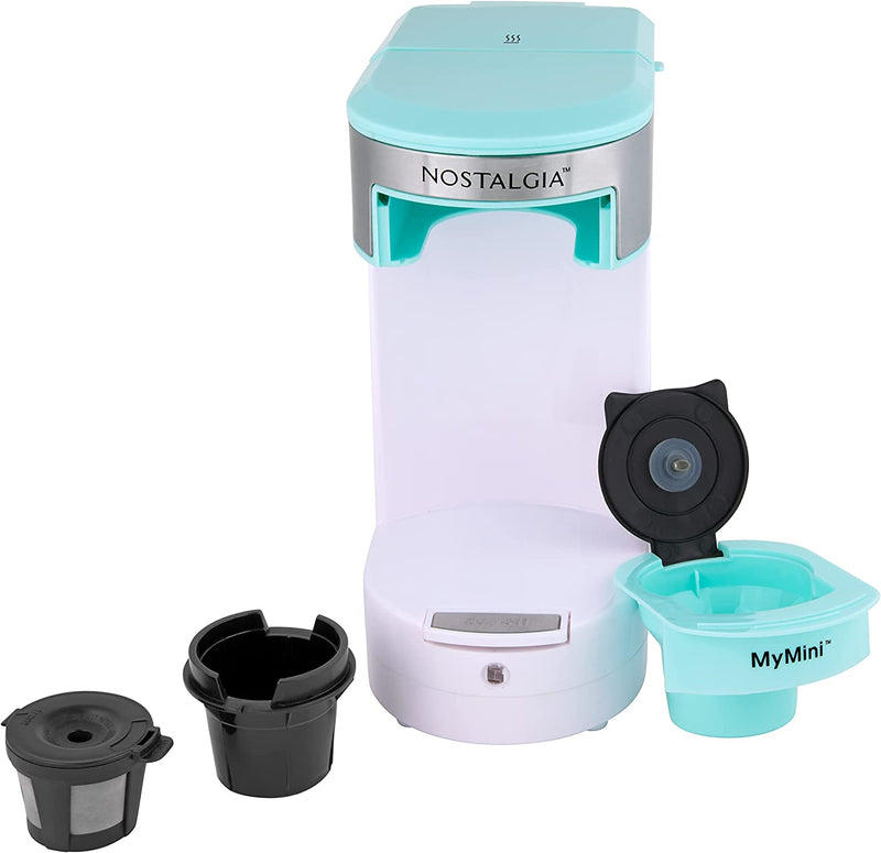 Nostalgia MyMini Single Coffee Maker, Brews K-Cup & Other Pods, Serves up to 14 Ounces, Tea, Chocolate, Hot Cider, Lattes, Reusable Filter Basket Included, Aqua