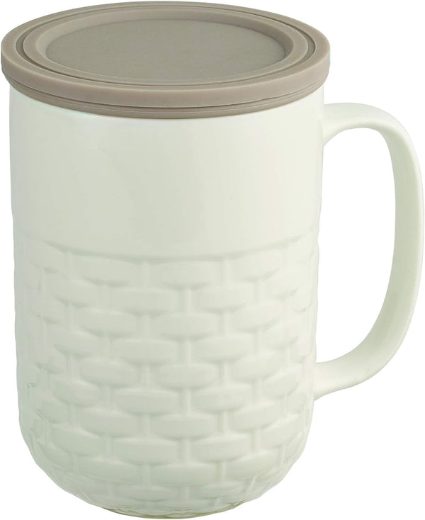 casaWare 15-Ounce Weave Textured New Bone China White Tea Infuser Mug with Lid/Coaster (Gray Lid)