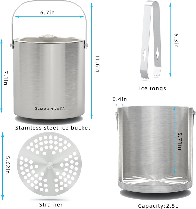 Stainless Steel Ice Bucket With Lid And Ice Tongs,Perfect For Cocktail Bar,Home Bar, Parties And Outdoors,Double Wall Champagne Bucket Keeps Drinks Cold And Ice Cube From Melting(2.5L)