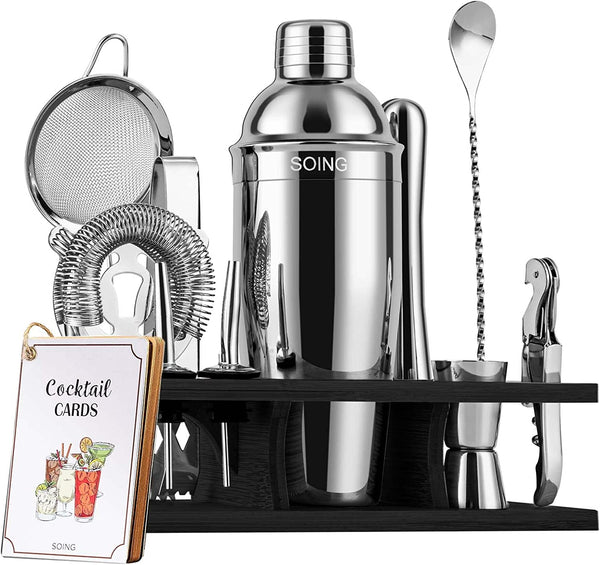 SOING 11-Piece Mixology Bartender Kit with Stand,Bar Kit Cocktail Shaker Set with All Essential Accessories:Martini Shaker,Spoon,Muddler,Strainer,Jigger,Tongs,Liquor Pourers