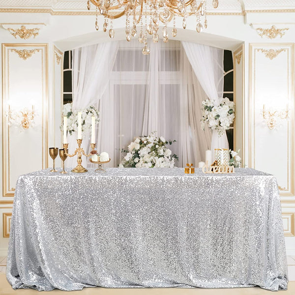 60X102 Inch Silver Tablecloth Rectangle Silver Sequin Tablecloth Sequin Table Linens Glitter Tablecloth Wedding Sequin Tablecloth for Christmas Halloween