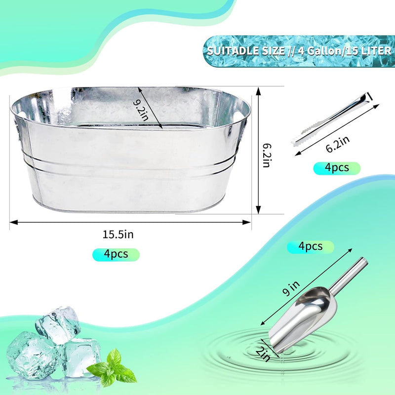 4 Pcs Galvanized Ice Bucket with Ice Scoops and Tongs Set, Beverage Tub for Parties Metal Drink Tin Bucket for Beer Wine Champagne, Ice Drinking Bucket for Farmhouse Rustic Home Bar (Silver, 4 Gallon)