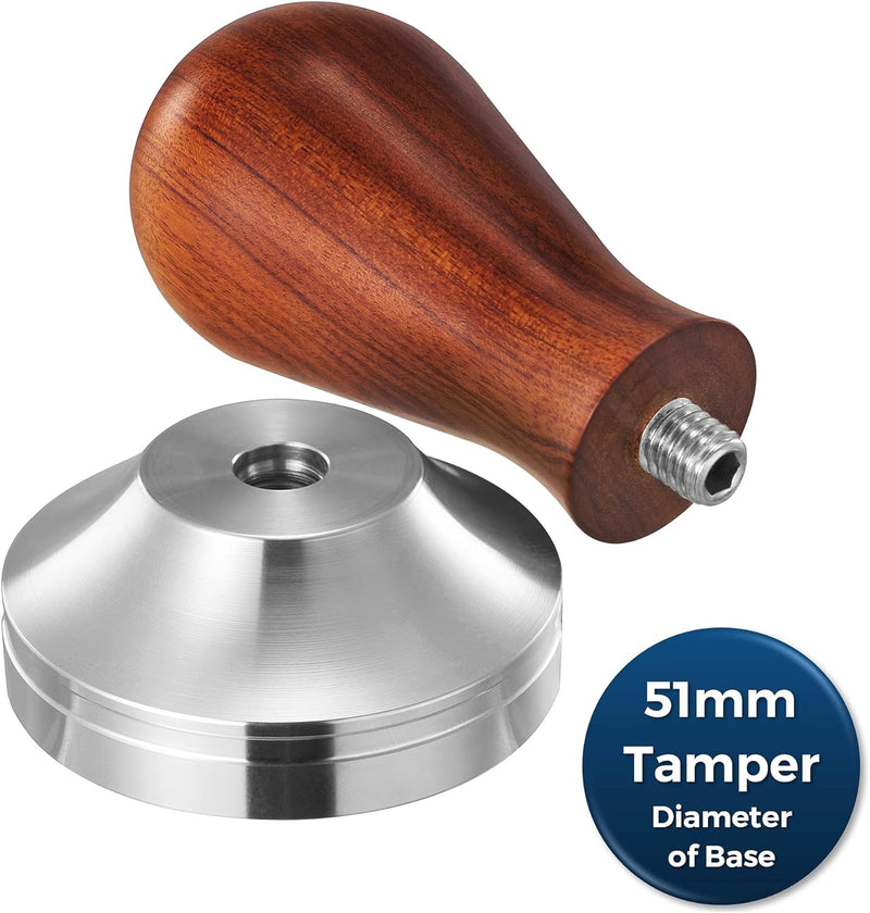 Practimondo Espresso Tamper Set - 51mm Tamper - Frothing Pitcher, Tamper and Espresso Accessories - Premium Barista Espresso Hand Tamper Set (51mm, Wooden Handle)