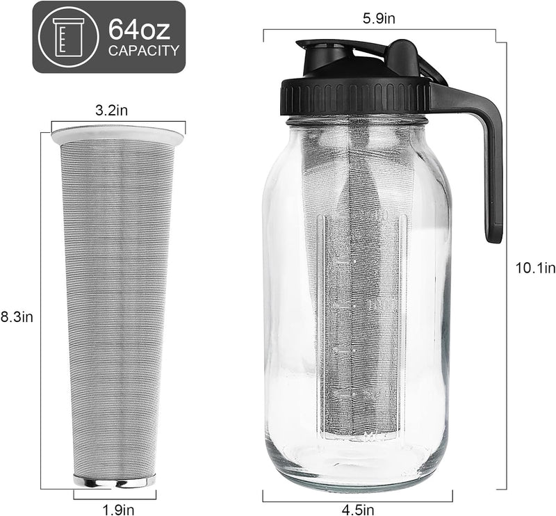 QHH Cold Brew Coffee Maker, 64 oz Wide Mouth Mason Jar Pitcher with Stainless Steel Filter, Pour Spout Handle Lid, Heavy Duty Glass Airtight & Leak-Proof Pitcher for Iced Brew Coffee & Tea Lemonade