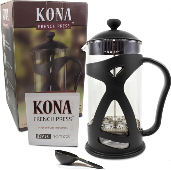 KONA French Press Coffee Press Maker With Reusable Stainless Steel Filter, Large Comfortable Handle & Glass Protecting Durable Black Shell