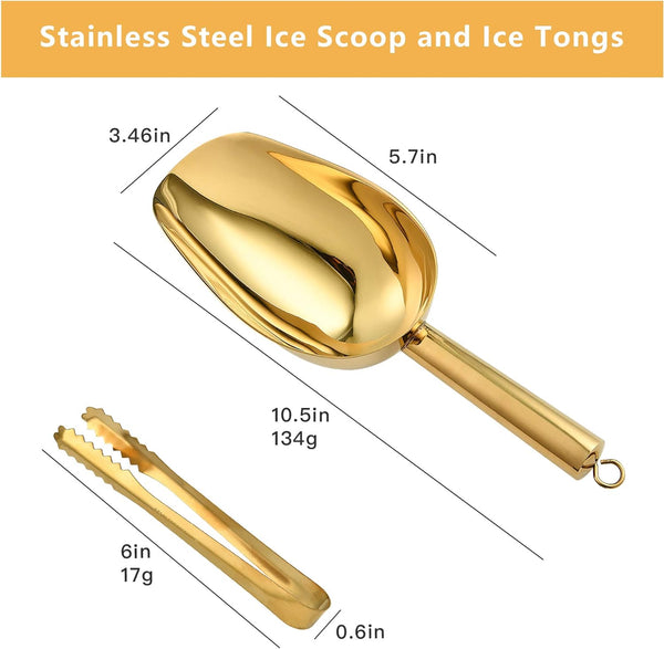 Stainless Steel Ice Scoop and Ice Tongs, Akamino Small Round Bottom Bar Ice Flour Utility Scoop & Buffet Clip Kitchen Bar BBQ Party Wedding, Gold