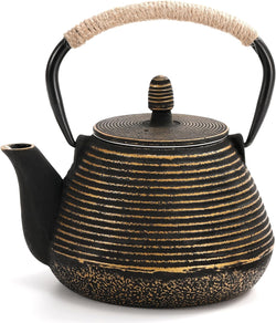 Cast Iron Teapot with Teapot Lid Clip - MIDIMORI Japanese Cast Iron Tea Kettle Stovetop Coated with Enameled Interior, ANNUAL RING Pattern Tea Pot with Infusers for Loose Tea (34 Ounce /1000 ml)