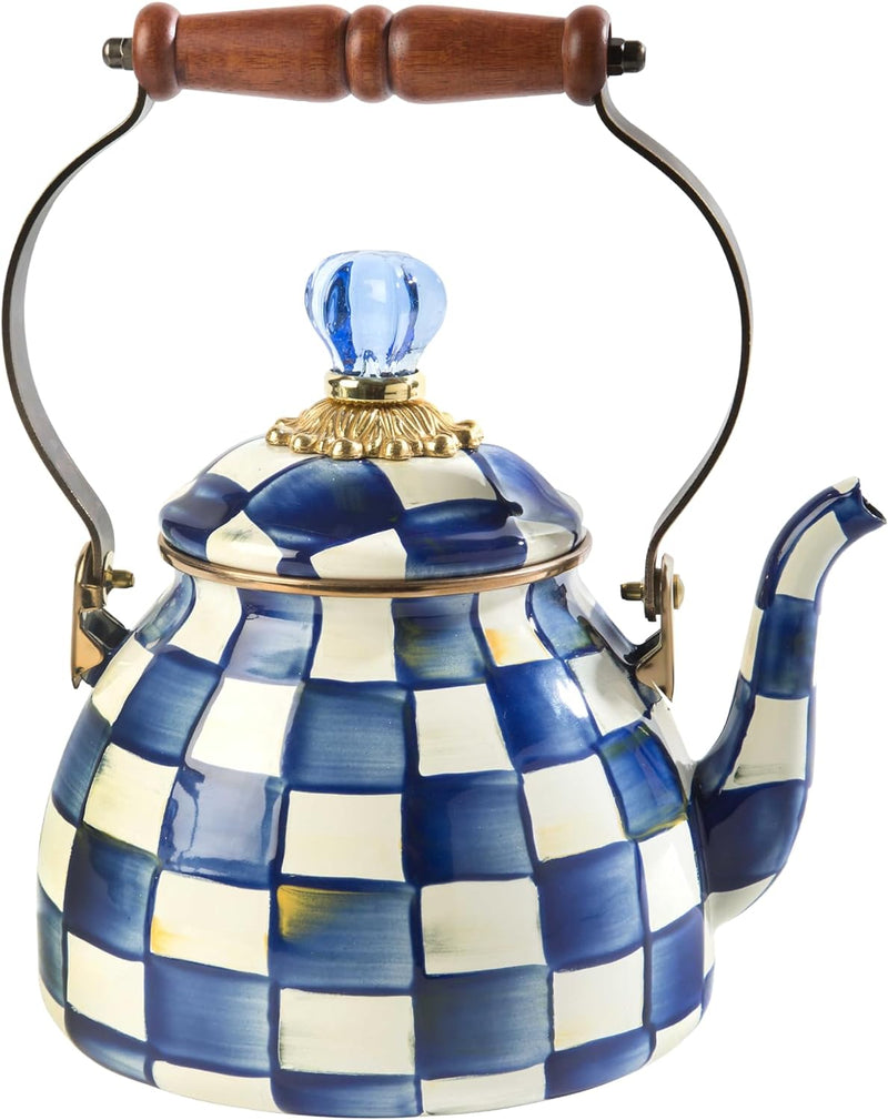 MacKenzie-Childs Sterling Check Enamel Tea Kettle, Decorative Tea Kettle, 2-Quart Capacity