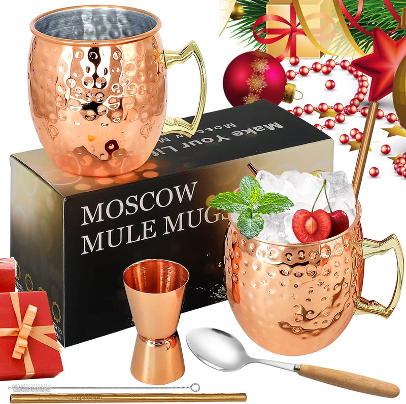 Moscow Mule Mugs Copper Mule Cup Kit 18oz Set of 4 with Handle Large Copper Hammered Plating Cups with 0.5oz Double Jigger, Stainless Steel Straws, Spoon for Cold Drinks Cocktails Wine