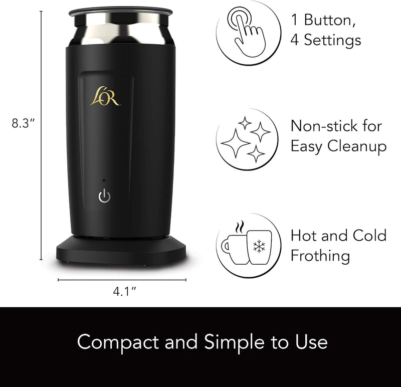 L'OR Barista Milk Frother and Steamer, Automatic Hot and Cold Foam Maker and Milk Warmer, 8.5oz/250ml, Black