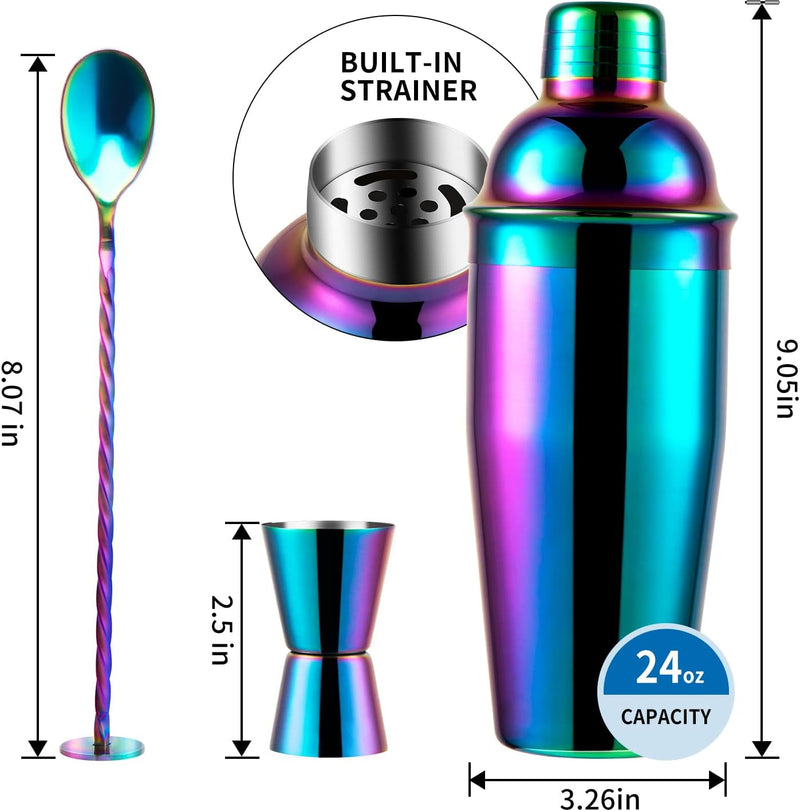 Safring 24oz Cocktail Shaker Bar Set, Martini Shaker with Built-in Strainer, Measuring Jigger, Mixing Spoon, Professional Stainless Steel Large Bartender Drink Shaker Margarita Alcohol Mixer-Rainbow