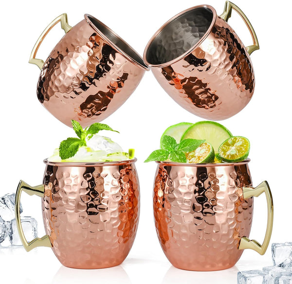 Amrules Moscow Mule Mugs Set of 4, 16 oz Hammered Copper Cups with 304 Stainless Steel Lining and Gold Brass Handles, Perfect for Cold Drinks, Beer, Wine, Bars, Parties, Gifts