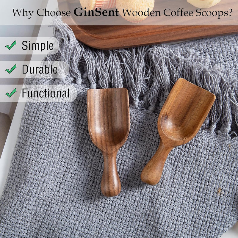 GinSent Wood Coffee Scoop-4 Pieces Small Measuring Spoons for Ground Coffee,Tea,Sugar,Seasoning-Multipurpose Wooden Scoop for Jars,Canisters,Bath Salts,Laundry Detergent(Acacia Wood)