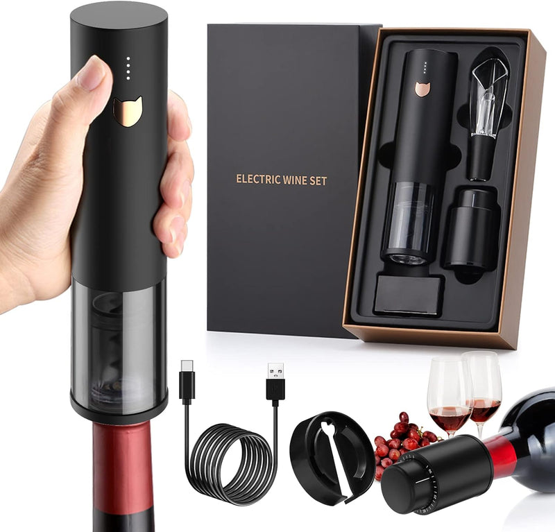 Electric Wine Opener-Wine Gifts-Automatic Wine Opener Rechargeable-Cordless Electric Corkscrew-Wine Bottle Opener with Foil Cutter, 2 in 1 Aerator Pourer, Vacuum Stopper, Gift Box