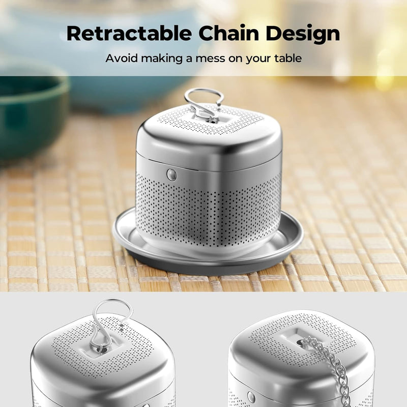 Tea Balls for Loose Tea, 304 Stainless Steel Extra Fine Mesh Tea Infusers for Loose Tea, Retractable Chain Design Tea Strainers for Loose Leaf Tea Single Cup, Come with 1 Drip Tray