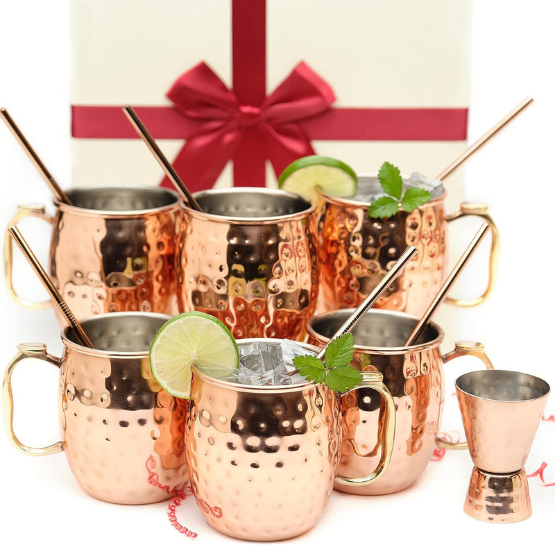 Kitchen Science [Gift Set] Moscow Mule Mugs, Stainless Steel Lined Copper Moscow Mule Cups Set of 2 (18oz) w/Straws & Jigger. | Tarnish-Resistant Stainless Steel Interior (Set of 2)