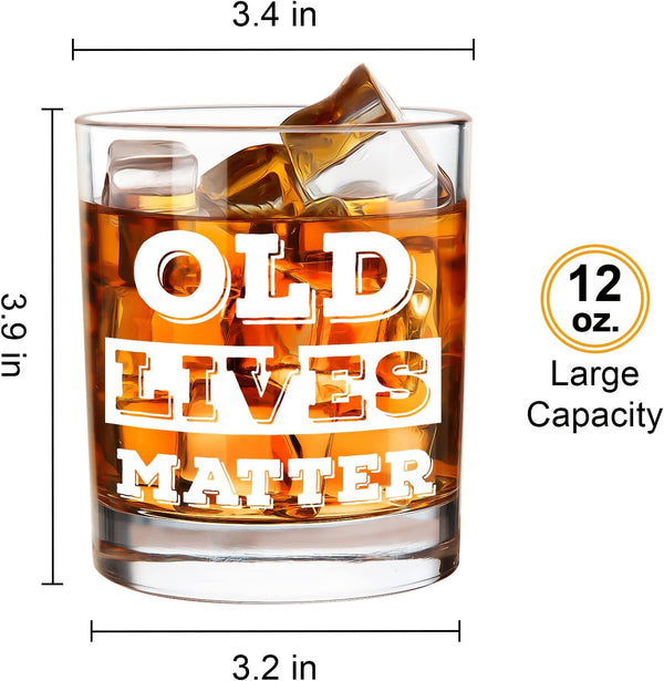 LIGHTEN LIFE Old Lives Matter Whiskey Glass 12 oz,Rock Glass in Valued Wooden Box,Funny Birthday or Retirement Gift for Grandpa,Dad,Old Man,Old Fashioned Whiskey Glass