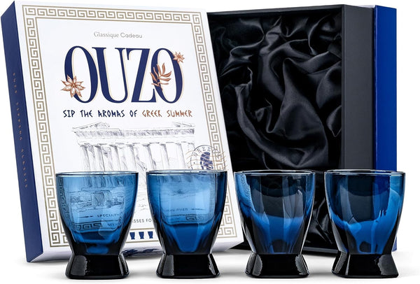 GLASSIQUE CADEAU Ouzo, Raki and Cordial Sipping Glasses | Set of 4 | 4.7 oz Cobalt Blue Small Tumblers for Drinking Pastis, Arak, Spirit, Aperitif, Digestive Drinks | Short Footed Glassware