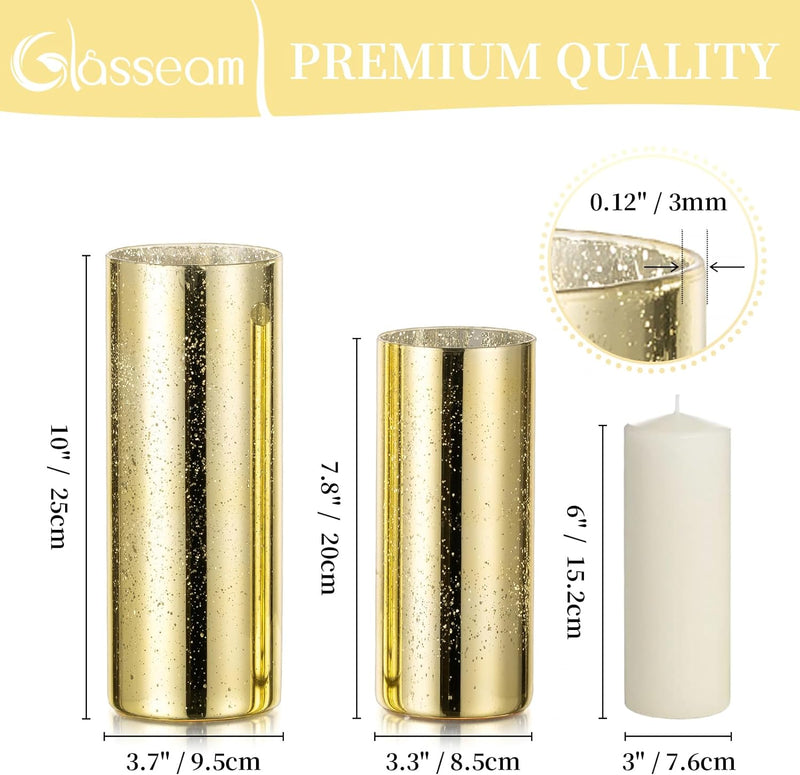 Glasseam Mercury Gold Candle Holders, Set of 6 Glass Hurricane Candle Holder, Glitter Pillar Candle Holder for Table, Modern Cylinder Vases for Centerpieces Wedding Dining Christmas Decorations