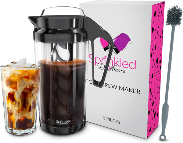 Sprinkled d’Amore Cold Brew Coffee Maker - Premium Iced Coffee Brewer Pitcher Kit for Smooth, Low-Acidity Cold Brew Coffee - Easy to Clean - Incl. Silicon Brush