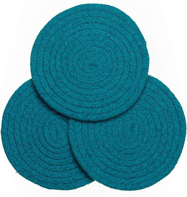 8" Trivets for Hot Dishes, Pots, and Pans – Kitchen Discovery – Set of 3 Chenille Hot Pads for Kitchen Protects Tables and Counters – Hot Mat Doubles as Coaster and Pot Holder, Teal
