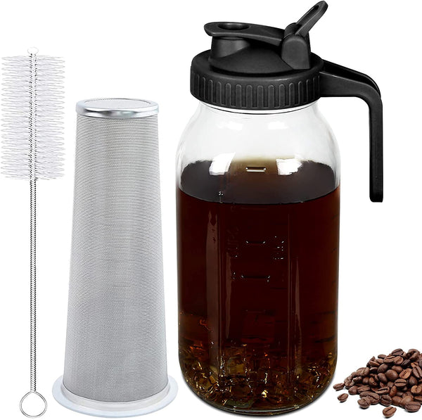 Cold Brew Coffee Maker 64oz - Iced Coffee Maker With Stainless Steel Filter, Mason Jar Pitcher With Lid and Spout (Black)