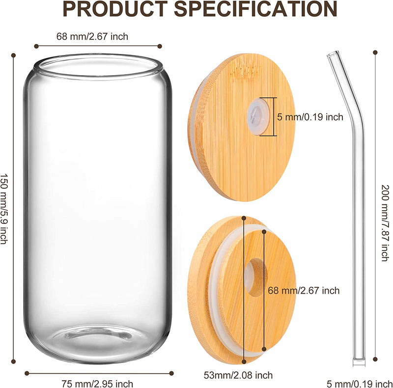 Joylongde Glass Cups with Bamboo Lids and Glass Straws 4pcs Set, 16oz Beer Can Shaped Drinking Glasses Tumbler with Reusable Cork Coasters, Idea for Cocktail, Whiskey, ice coffee, Water, gift