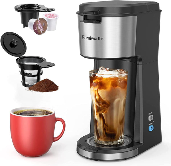 Famiworths Iced Coffee Maker, Hot and Cold Coffee Maker Single Serve for K Cup and Ground, with Descaling Reminder and Self Cleaning, Iced Coffee Machine for Home, Office and RV