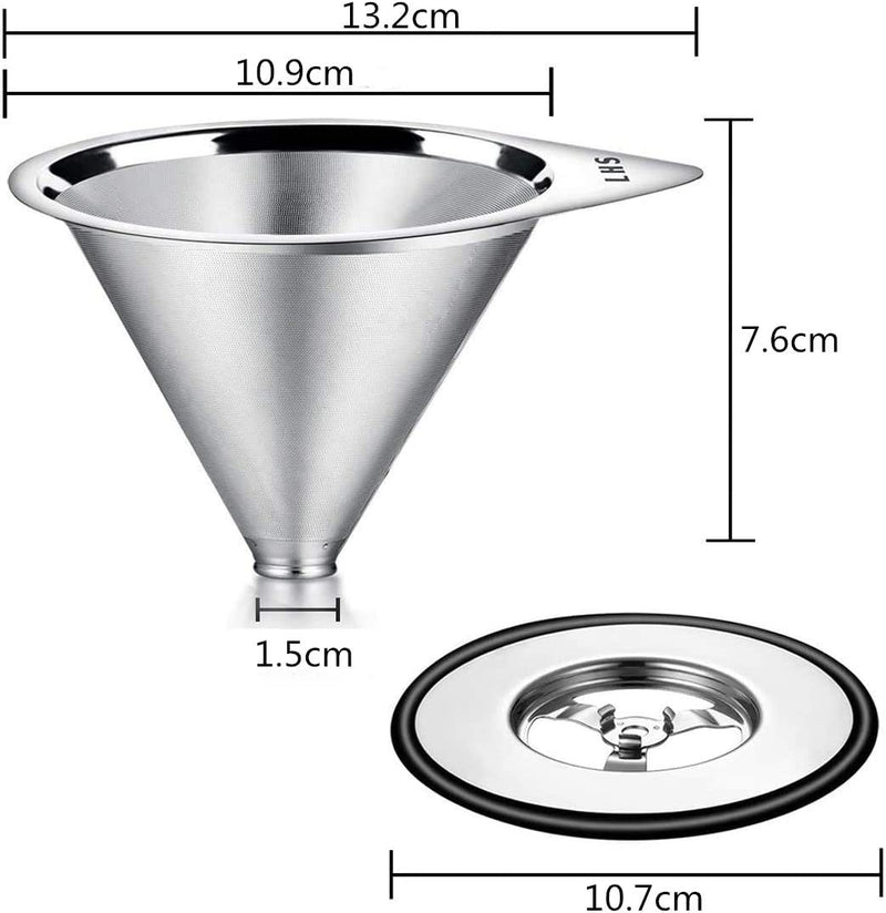 LHS Pour Over Coffee Dripper Stainless Steel Coffee Filter Metal Cone Filter Paperless Reusable Coffee Filter Single Cup Coffee Maker 1-2 Cup With Non-slip Cup Stand and Cleaning Brush