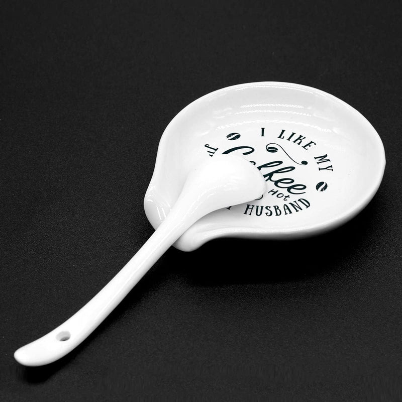 Uhealik Funny Coffee Quote Ceramic Coffee Spoon Holder-Coffee Spoon Rest -Coffee Station Decor Coffee Bar Accessories-Coffee Lovers Gift for Women and Men (I Like My Coffee Hot Just Like My Husband)