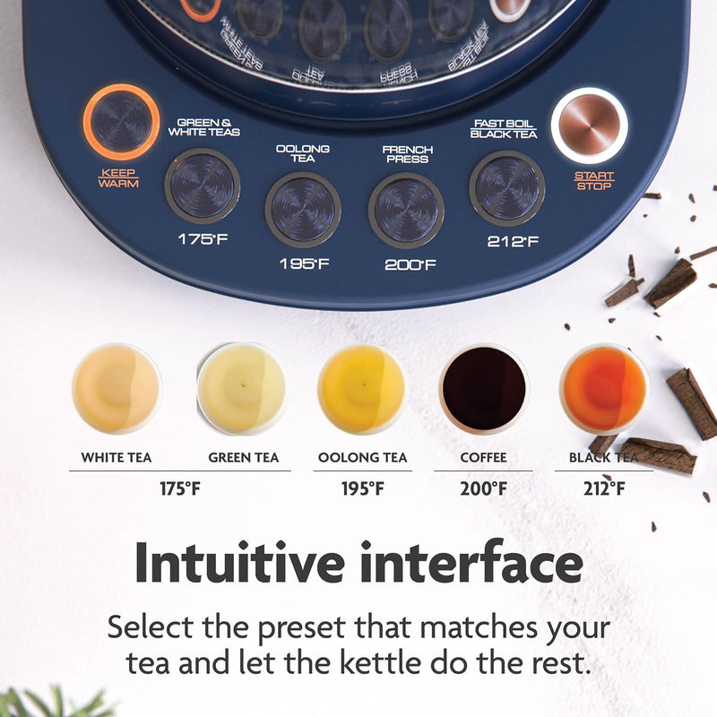 Vianté Hot Tea Maker Electric Glass Kettle with tea infuser and temperature control. Automatic Shut off. Brewing Programs for your favorite teas and Coffee. 1.5 Liters capacity. | Midnight Blue Color