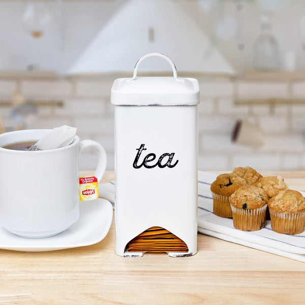 AuldHome Farmhouse Enamelware Tea Bag Holder (White); Enamelware Tea Bag Caddy Dispenser for Wrapped Individual Tea Sachets