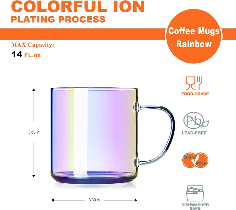 4pcs Set Iridescent Glass Coffee Mugs-Hand Blown&Seamless Design,14 oz Rainbow Coffee Cups-Heat Resistant and Explosion-Proof,Lightweight Tea Cup with Anti Scald Handle Ideal for Home,Cafe,Coffee Bar