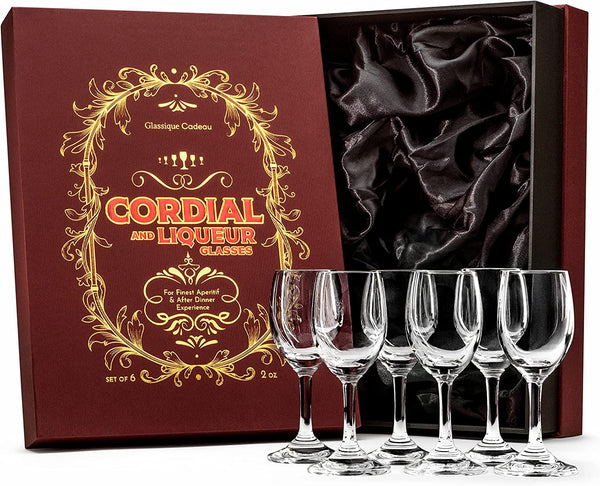 GLASSIQUE CADEAU 2 oz Liquor and Cordial Mini Wine Glasses | Set of 6 | Crystal Stemmed Shot Glasses for Drinking Limoncello, Aperitif, Schnapps, Digestive, After Dinner Drink, Liqueur, Sherry
