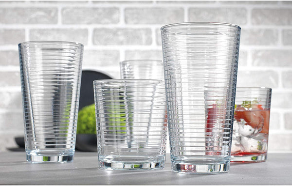 Le'raze Set of 16 Heavy Base Ribbed Durable Drinking Glasses Includes 8 Cooler Glasses (17oz) and 8 Rocks Glasses (13oz), Clear Glass Cups - Elegant Glassware Set