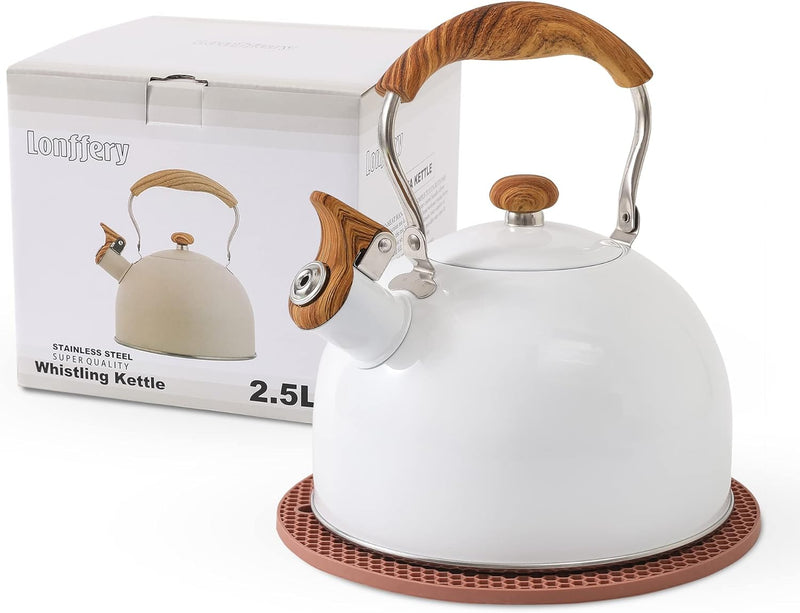 LONFFERY Tea Kettle, 2.5 Quart Whistling Tea Kettle, Tea Pots for Stove Top Food Grade Stainless Steel with Wood Pattern Folding Handle - Red