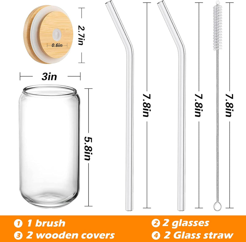 WISIMMALL Drinking Glasses with Bamboo Lids and Glass Straw 2PCS Set, 16oz Can Shaped Glass Cups with Lids and Straws, Beer Glasses, Iced Coffee Glasses, Soda, Gift 1 Cleaning Brushes